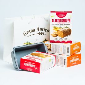    BIO Ősi gabona ajándékcsomag, Alakor és Tönköly kenyérsütő keverékkel, tapadásmentes fém formával, elegáns tasakban